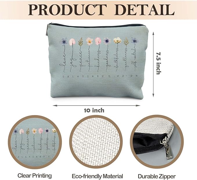 Likjad Christian Gifts Makeup Bag, Floral Christian Cosmetic Bags for Women, Galatians 5:22-23 Bible Verse Makeup Pouch, Faith Based Gifts Zipper Pouch(blue)