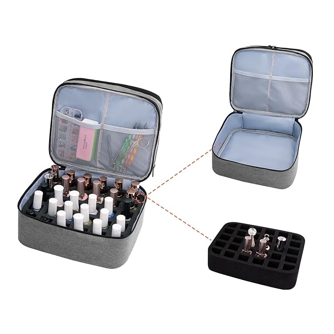 AGX Bravo Travel Nail Polish Organizer Double Layer Carrying Case for Fingernail Polish, Holds 30 Bottles with Dividers Portable Large Storage Case for Gel Nail Polish Holder, Grey (BAG ONLY)
