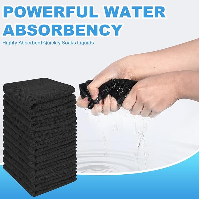 12 Pack 100% Cotton Wash Cloth, 12x12 Inch Highly Absorbent and Soft Feel Fingertip Towels, Machine Washable Washcloths for Bathroom, Gym, Hotel, Spa and Kitchen, Black