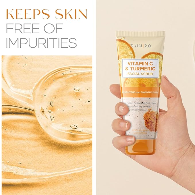 Skin 2.0 Vitamin C & Turmeric Face Scrub - Dermatologist Tested, Gentle Exfoliating, Brightening, Hydrating, Anti-Aging, Clean Beauty, Cruelty-Free Korean Skincare, All Skin Types - 6.76 Fl Oz / 200ML