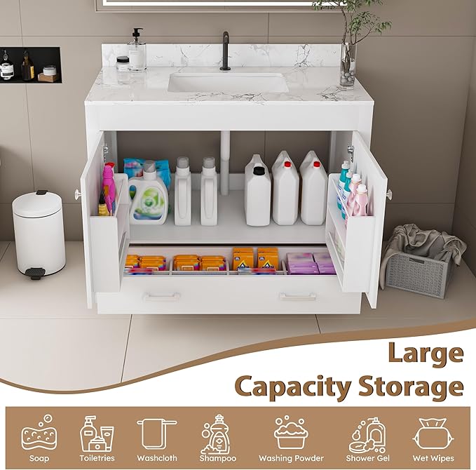 Montary 42" Bathroom Vanity with 43" Artificial Marble Carrara White Top, Modern Stylish MDF Bathroom Storage Cabinet, Vanity Set with 2 Doors and One Large Divided Drawer, White (Single Hole)