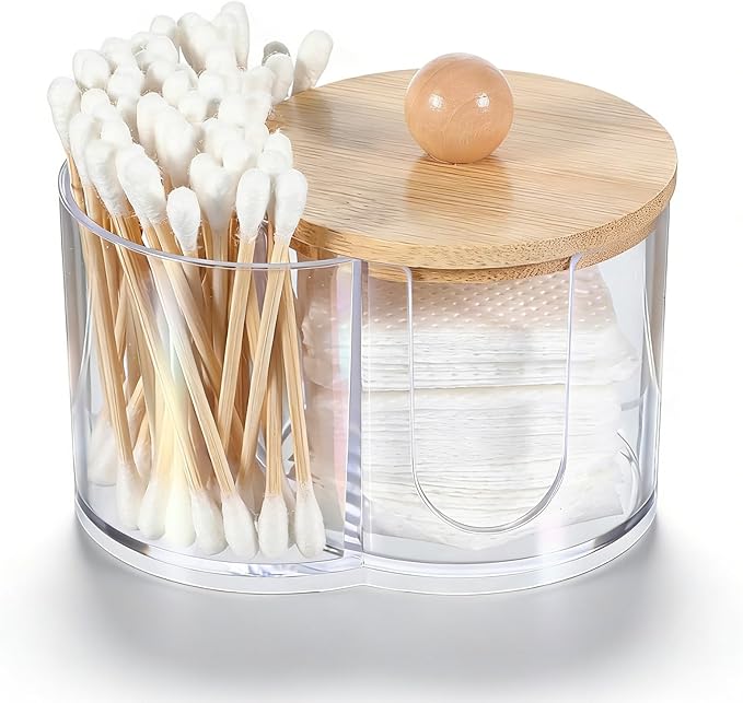 Quilax Cotton Round Holder, Dual Compartment Qtips Dispenser with Removable Dustproof Lid, Clear Plastic Cotton Pad Holder, Countertop Cottons Ball Holders Storage Container