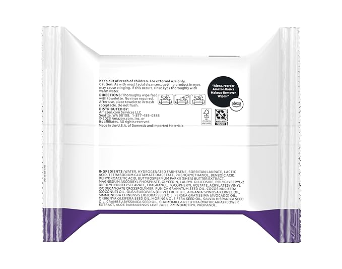 Amazon Basics Makeup Remover Wipes, Night Calming, Gentle Cleansing, Plant Based, Alcohol-Free, Removes Waterproof Mascara, Dermatologist Tested, 25 Count, 1-Pack