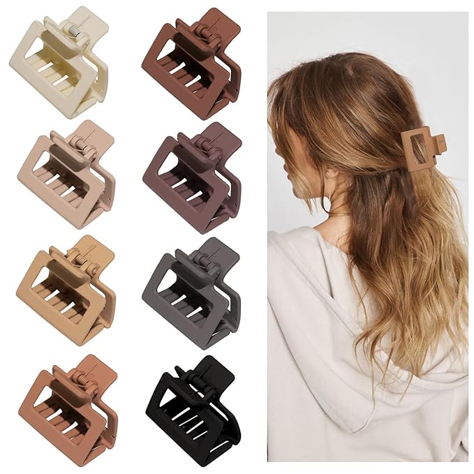 Cobinaan Medium Matte Rectangle Claw Hair Clips for Women Girls, 2 x 1 x 1.8 inch, 8pcs Warm Color, Nonslip Hair Jaw Clips for Thin/Medium Thick Hair