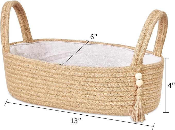 ABenkle Small Storage Basket, Jute Rope Woven Toilet Paper Tray Organizer for Toilet Tank Top, Boho Bathroom Decor Holder for Shelf Bedroom Living Room -13x6x4 Inches