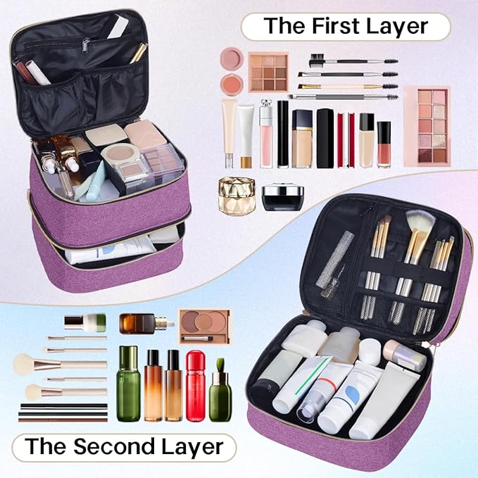 TANPADUAJI Double Layer Makeup Bag Portable Large Cosmetic Case Organizer with Adjustable Dividers Storage Travel Bag for Accessories Brushes Conditioner and Skin Care Products (Purple)