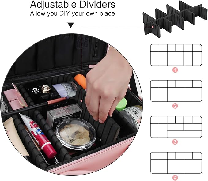 Relavel Makeup Bag Travel Makeup Train Case 13 inches Large Cosmetic Case Professional Portable Makeup Brush Holder Organizer and Storage with Adjustable Dividers and Shoulder Strap (Pink)