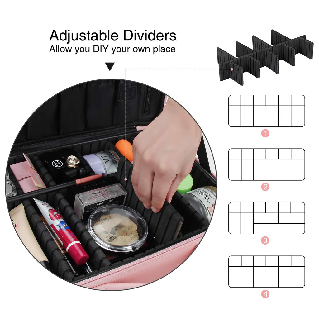Relavel Makeup Bag Travel Makeup Train Case 13 inches Large Cosmetic Case Professional Portable Makeup Brush Holder Organizer and Storage with Adjustable Dividers and Shoulder Strap (Pink)
