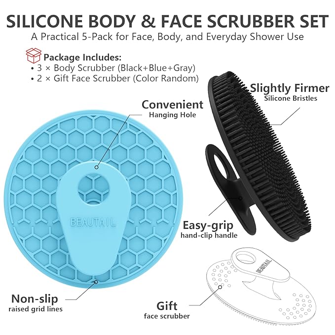 Silicone Body and Face Scrubber Set 5 Pack, BEAUTAIL Shower Bath Scrubber, Gentle Exfoliating Brush for Women Men Sensitive Skin, More Hygienic Than Traditional Loofah, Long Lasting, Black+Blue+Gray