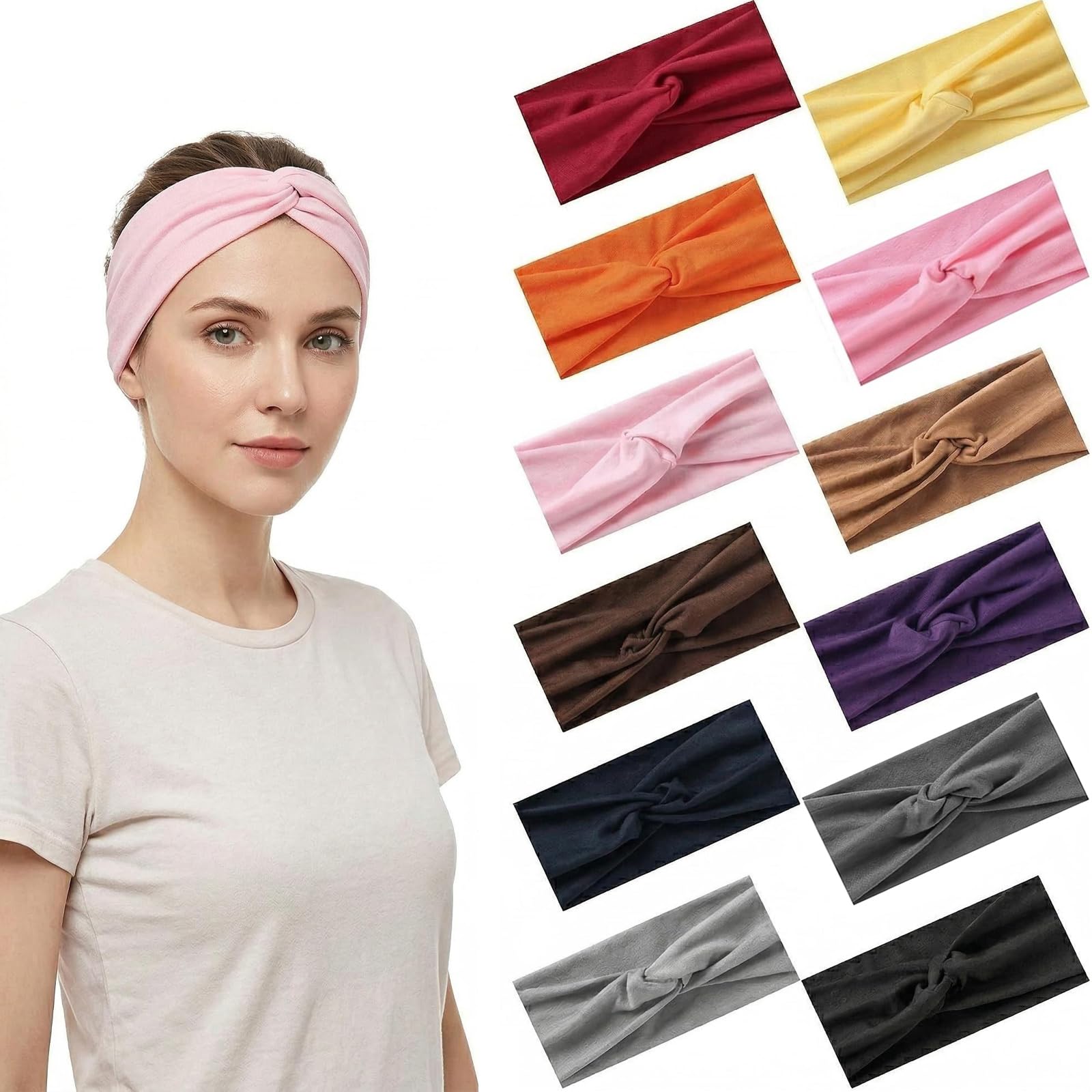 Stretchy Wide Headbands for Women - 12 Pcs Non Slip, Absorbed Sport Headband Soft Twist Knotted Headbands for Daily Life Yoga Workout (12 Color2)