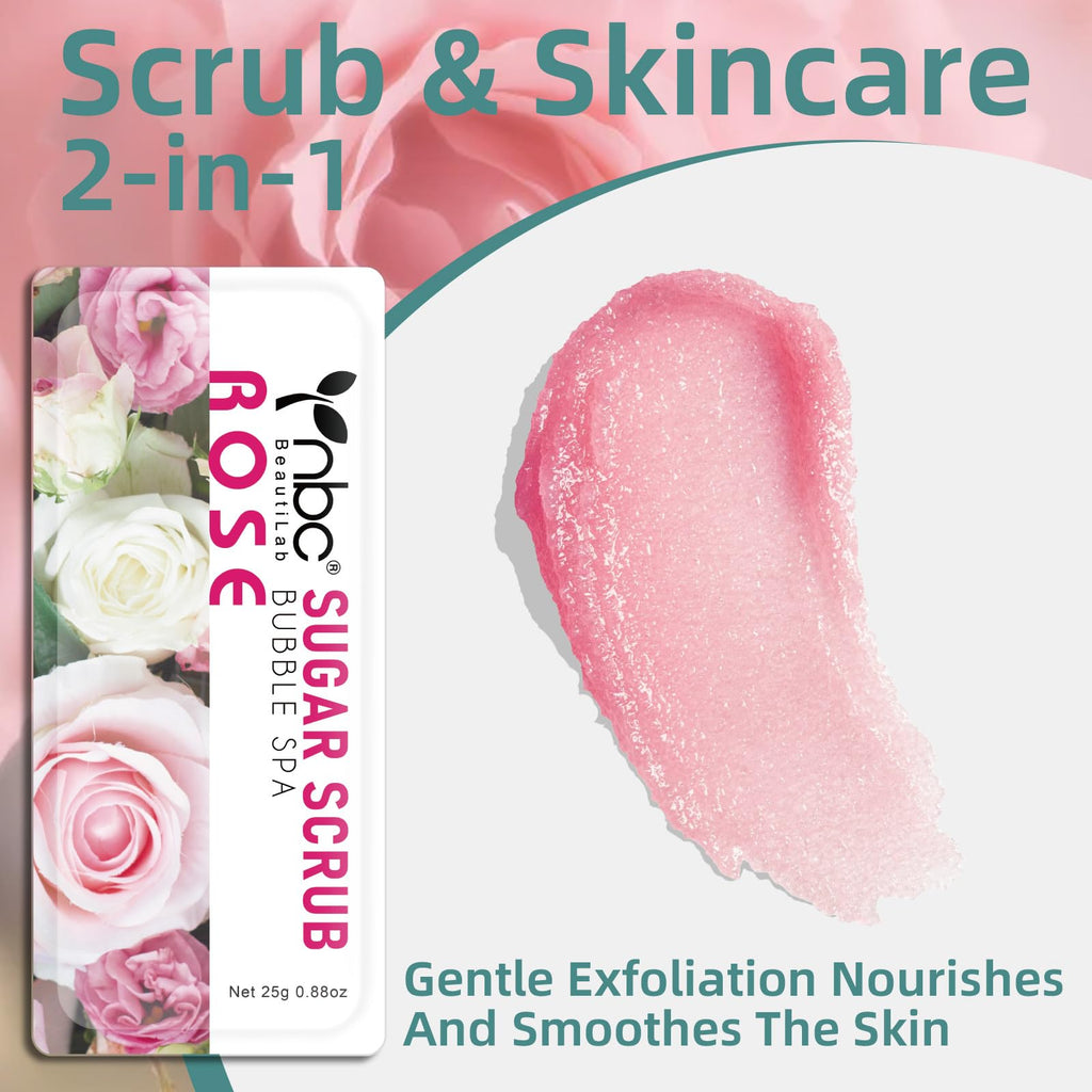 nbc BeautiLab Foot Exfoliating Scrub, Sugar Scrub, Dead Skin Remover for Feet, Individually Packaged Foot Scrub Smooths, Hydrates, Detoxifies Tired and Dry Cracked Feet 16 Packs per Box, Rose