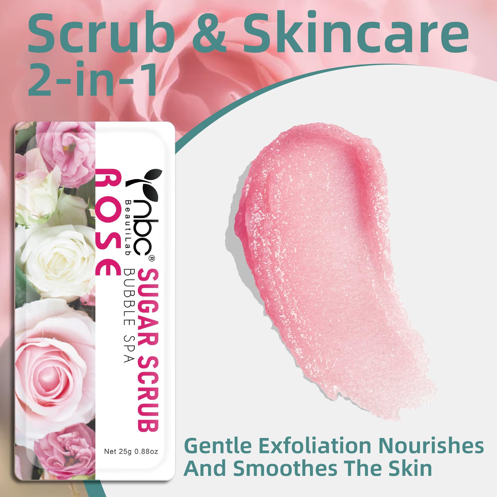nbc BeautiLab Foot Exfoliating Scrub, Sugar Scrub, Dead Skin Remover for Feet, Individually Packaged Foot Scrub Smooths, Hydrates, Detoxifies Tired and Dry Cracked Feet 16 Packs per Box, Rose