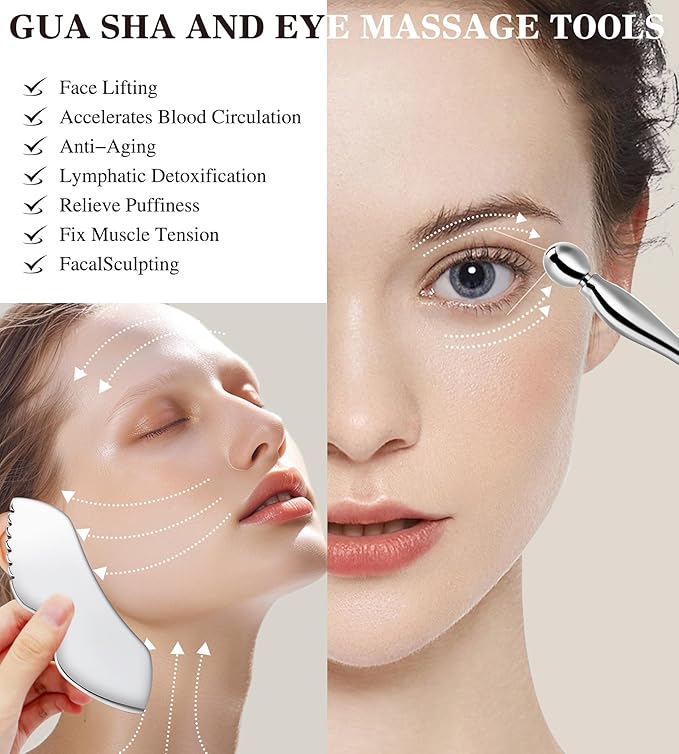 TANGZHIFEIYUE Gua Sha Facial Tools, 3 in 1 Stainless Steel Metal Guasha & Eye Cream Applicator Facial Sculpting Tool Set Eye Massager Lymphatic Drainage for Face Neck (Plastic Box 3, Count, 3)