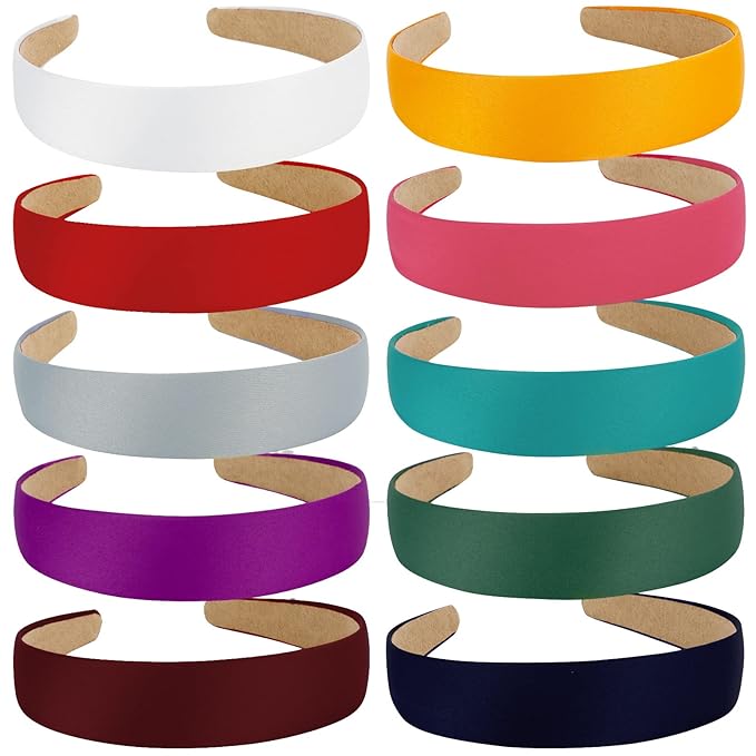 Wecoe 10 Pack Satin Headbands 1 Inch Wide Silk Headband Women Non Slip White Purple Red Blue Green Colorful Plain Head bands Hair Bands DIY Hair Accessories for Women Girls Accesorios Para Mujer