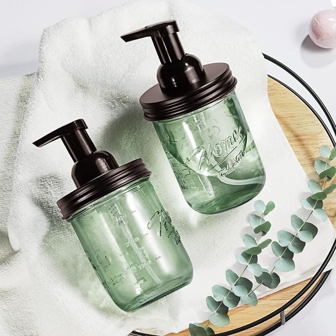SheeChung Mason Jar Foaming Soap Dispenser, Stainless Steel Lid, BPA Free Pump, Green Glass Foam Hand Soap Dispenser, 16Oz Refillable Liquid Foam Dispenser Bottle, Bathroom Kitchen, Dish Soap-Bronze