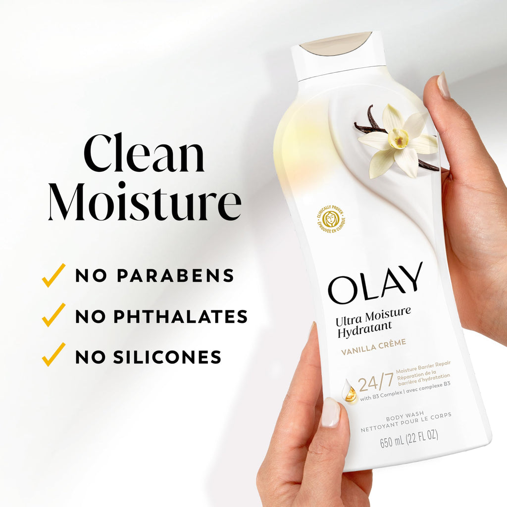 Olay Body Wash for Women, Ultra Moisture, 24/7 Moisture Barrier Repair, Hydrating Formula for Visibly Healthy Soft Skin, Vitamin B3 & Hyaluronic Blend, All Skin Types, Vanilla Creme Scent, 22 fl oz