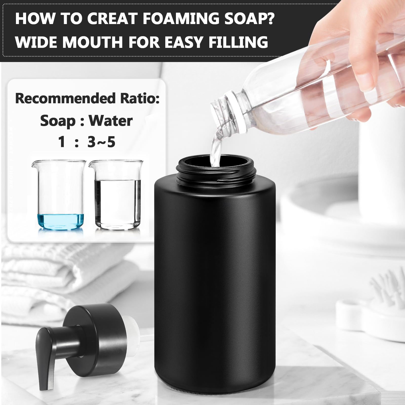 RYTOXILO Matte Black Foaming Hand Soap Dispenser, 10 oz/300ml Glass Foam Dispenser, 2 Pcs Foaming Soap Dispenser for Bathroom, Black Refillable Pump with Waterproof Labels