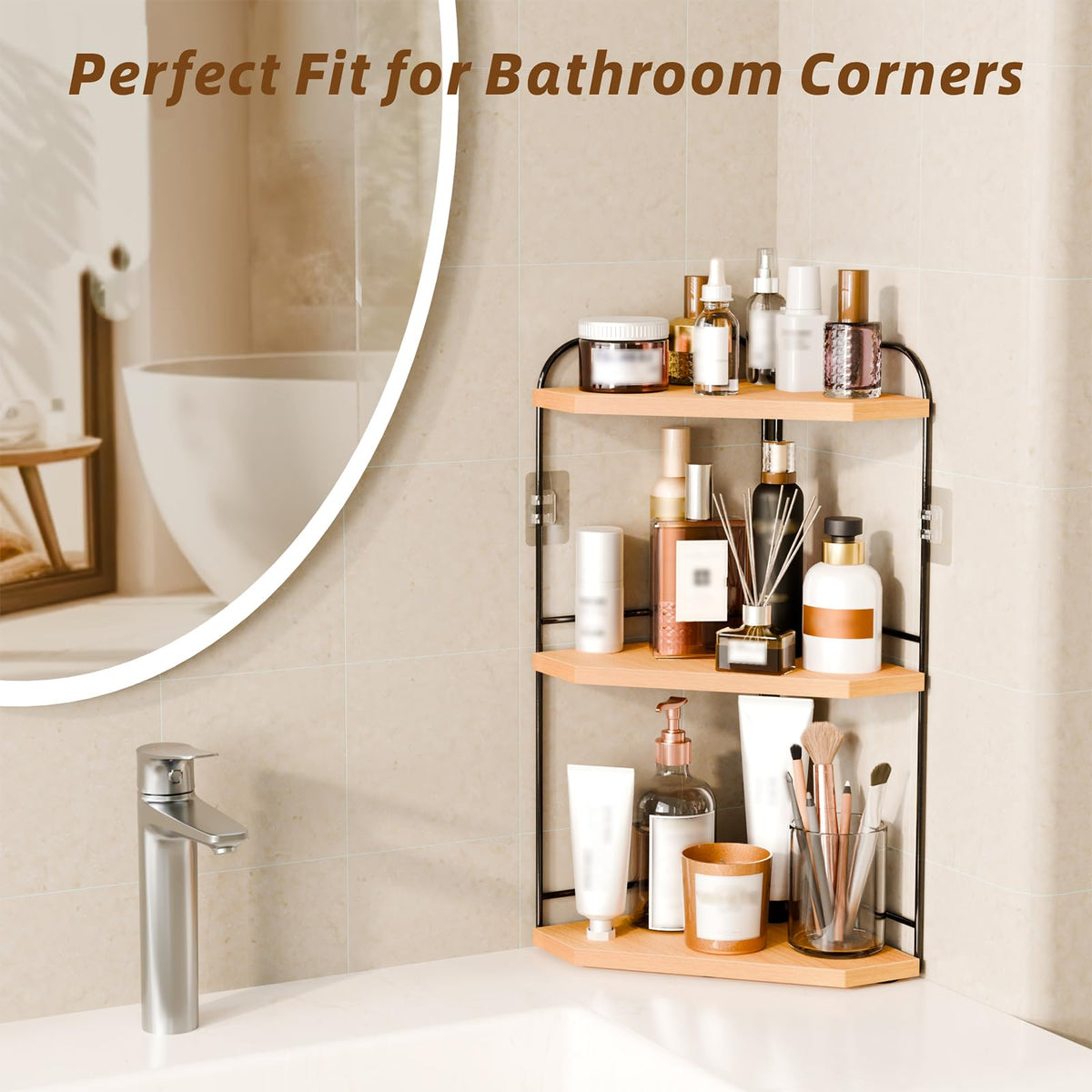 Naeqieo Corner Bathroom Counter Organizer, 3-Tier Wood Countertop Organizer