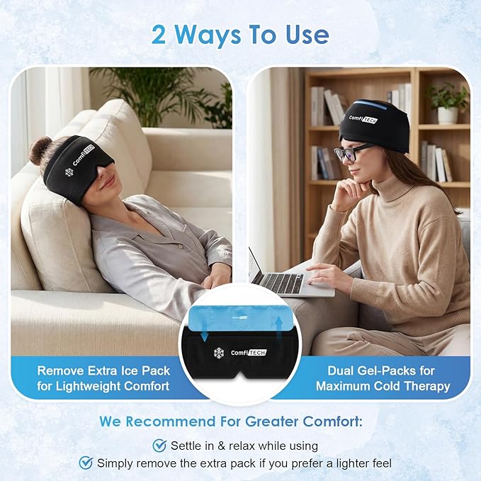 ComfiTECH Dual-Gel Migraine Relief Cap Extended 30-Min Cooling, Detachable Cold Pack & Flexible Gel Head Ice Wrap Face Mask Soothing for Headache, Sinus, Puffy Eyes, Tension and Stress