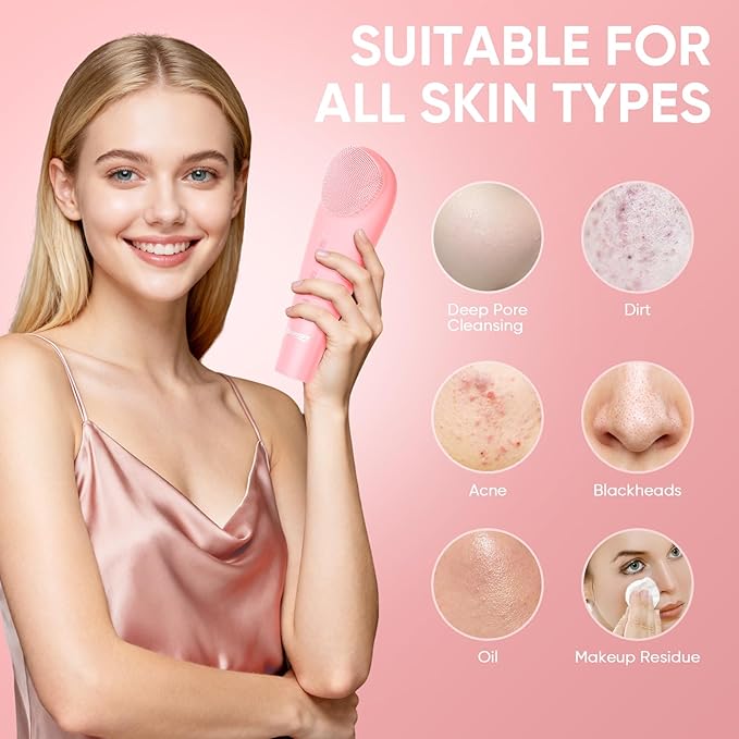 Stepcare Silicone Face Scrubber Blackhead Scraper Rechargeable 2-in-1 Facial Cleansing Brush & Skin Spatula Duo, IPX7 Waterproof Exfoliating Massager Deep Cleansing for Women and Men(Peachy Pink)