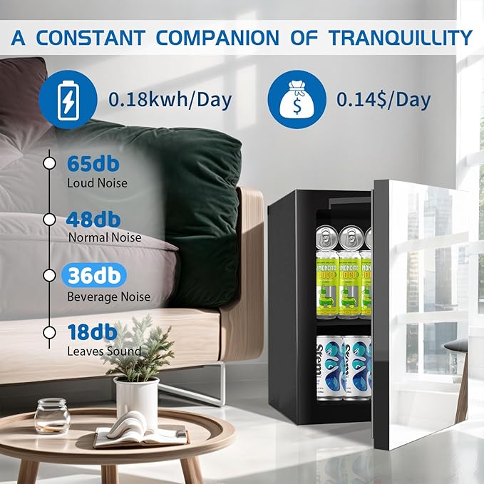 Erivess 24 Cans/0.9 Cubic Feet Beverage Refrigerator Cooler and Skincare Mini Fridge with Mirrored Front Door & Temperature Control, Countertop Small Fridge for Soda, Beer and Cosmetics, Skincare