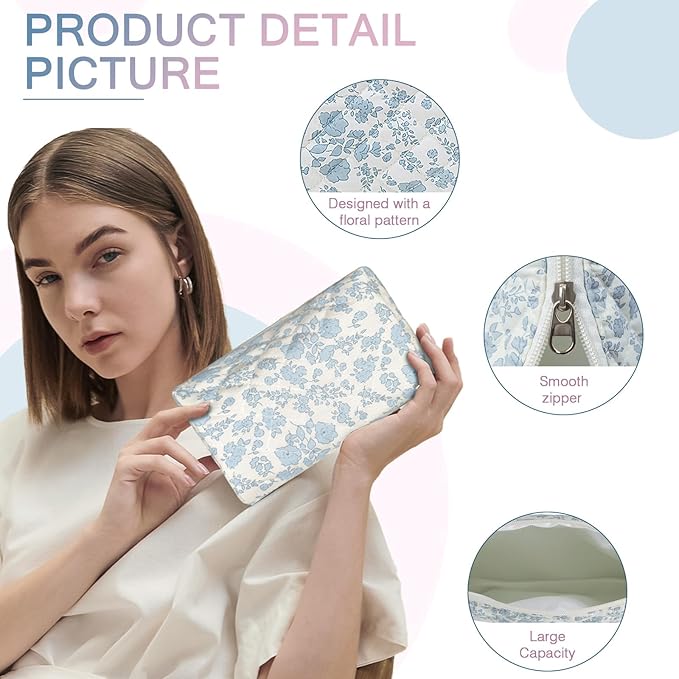 Gosect 2 Pack Floral Makeup Bag, Cute Cosmetic Bag for Women Girls, Quilted Cotton Make up Pouch, Travel Makeup Bags, Portable Storage Toiletry Organizer Bag(Pink+Navy Blue)