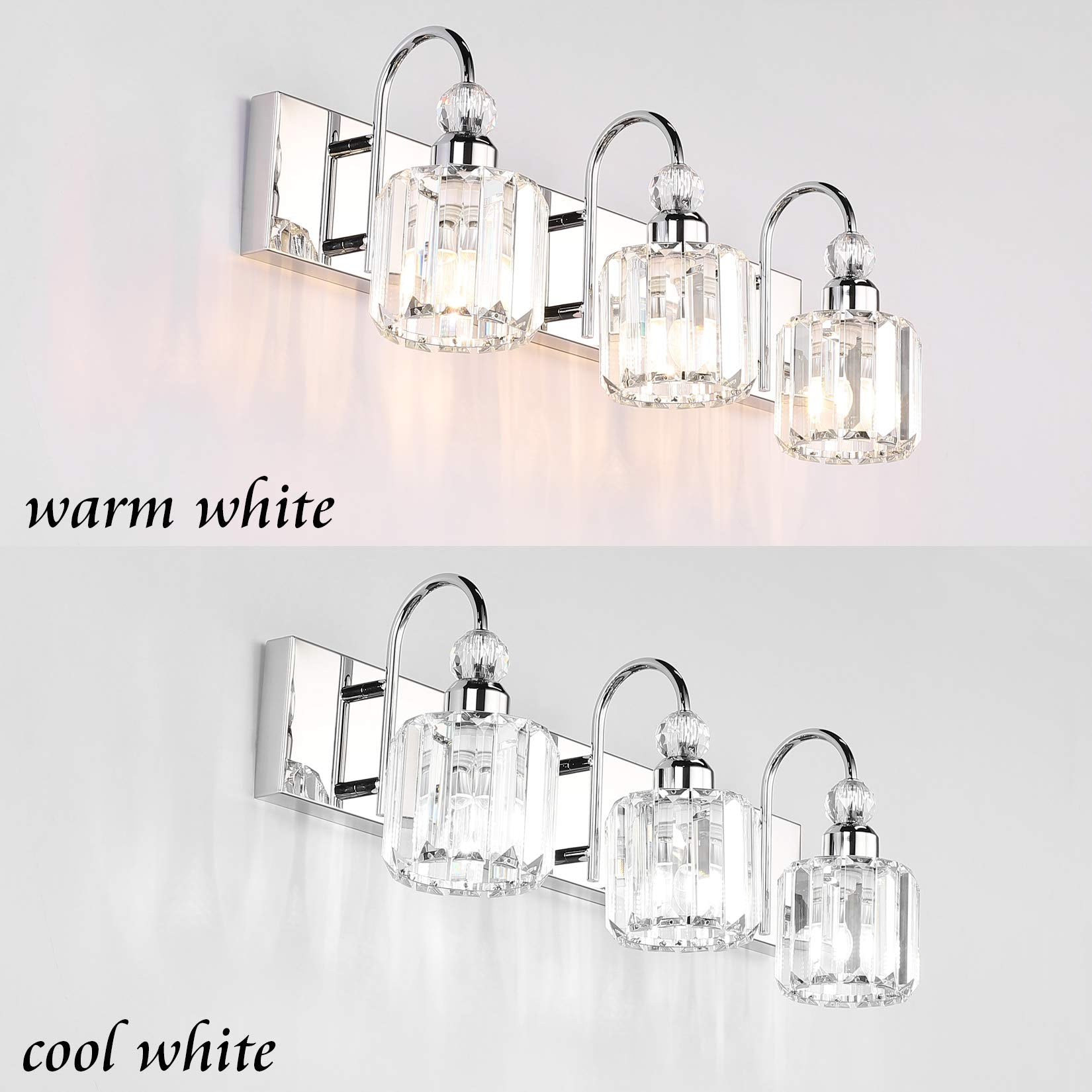 Ralbay Modern LED Crystal Bathroom Vanity Lights 3-Lights Stainless Steel Crystal Vanity Lights Over Mirror Modern Crystal Bathroom Vanity Lighting Fixtures
