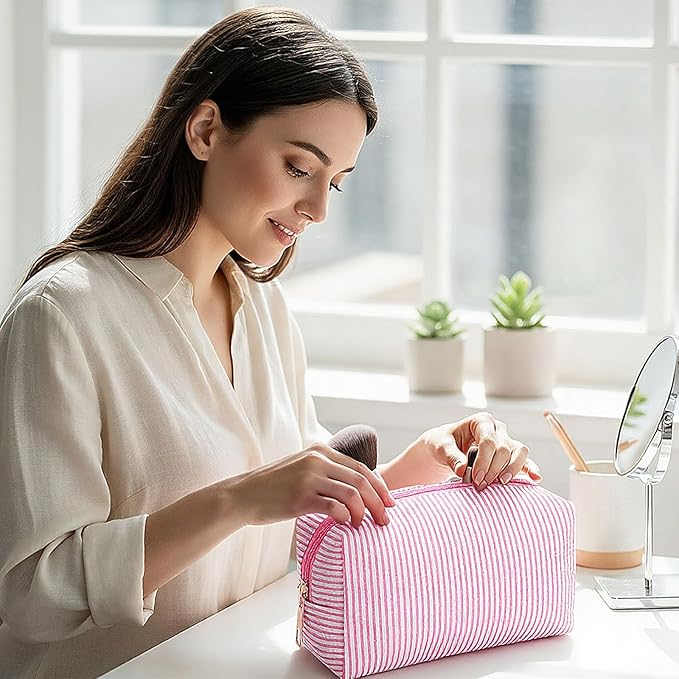Sanwuta 6 Pcs Seersucker Cosmetic Bags Bulk Seersucker Makeup Bags Stripe Women Pouch Large Preppy Storage Pouch Toiletry Travel for Wedding Bridesmaid Bride Favor Back to Teacher Gift (Pink)