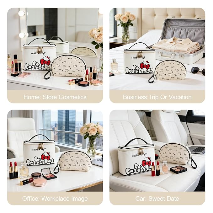 Vimanllie Travel Makeup Bag Large Cosmetic Bags with Brush Holder,Beige 2PCS Portable Cosmetic Case for Women,Portable Toiletry Bag for Girls