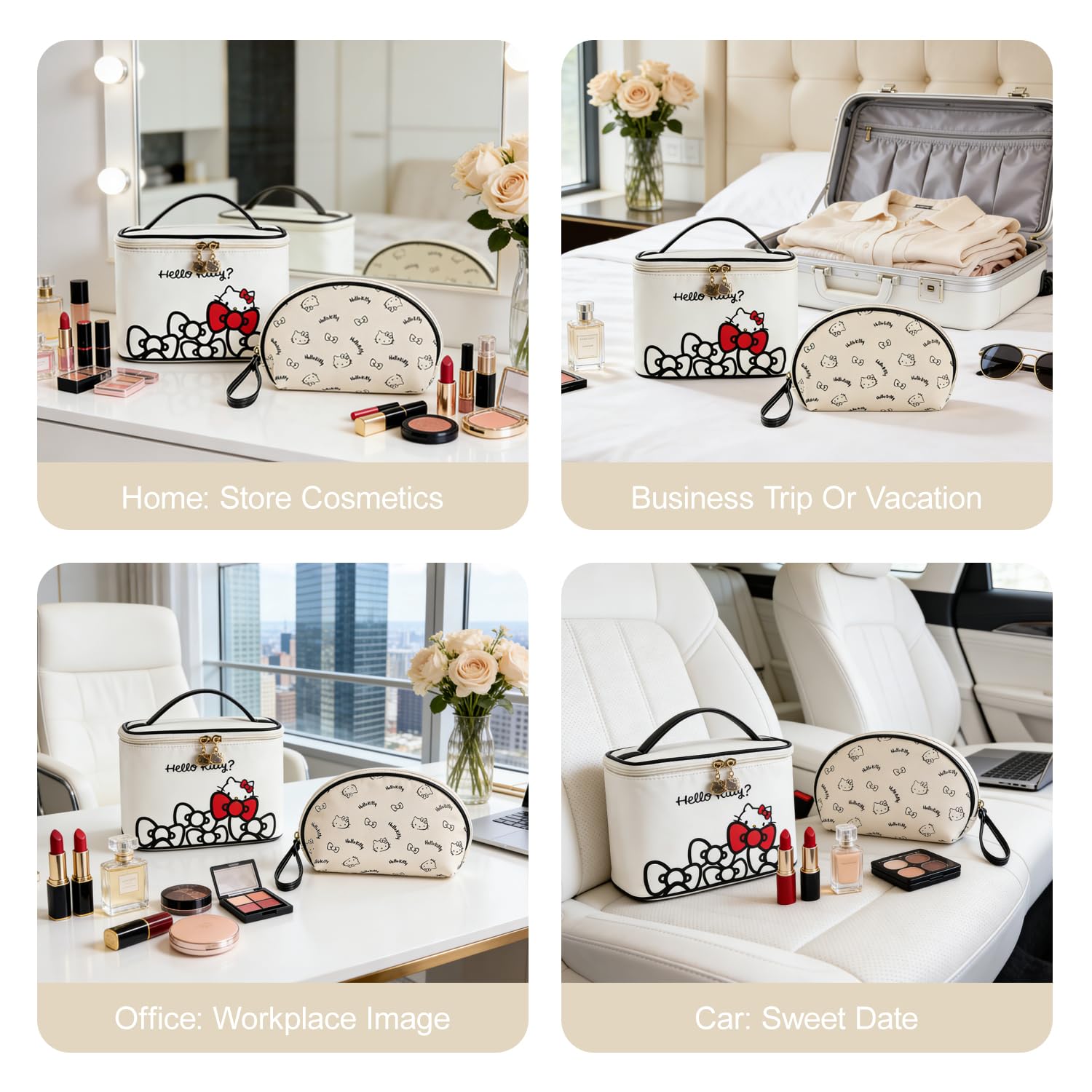 Vimanllie Travel Makeup Bag Large Cosmetic Bags with Brush Holder,Beige 2PCS Portable Cosmetic Case for Women,Portable Toiletry Bag for Girls