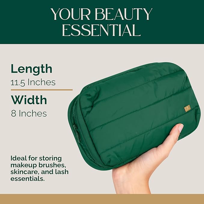 TAD Beauty - Makeup Bag Organizer - Puffy Travel Cosmetic Pouch - Large Capacity Toiletry Case - Makeup Bag with Zippered Mesh Pocket - Storage for Skincare & Beauty Essentials - Chic Green Aesthetic