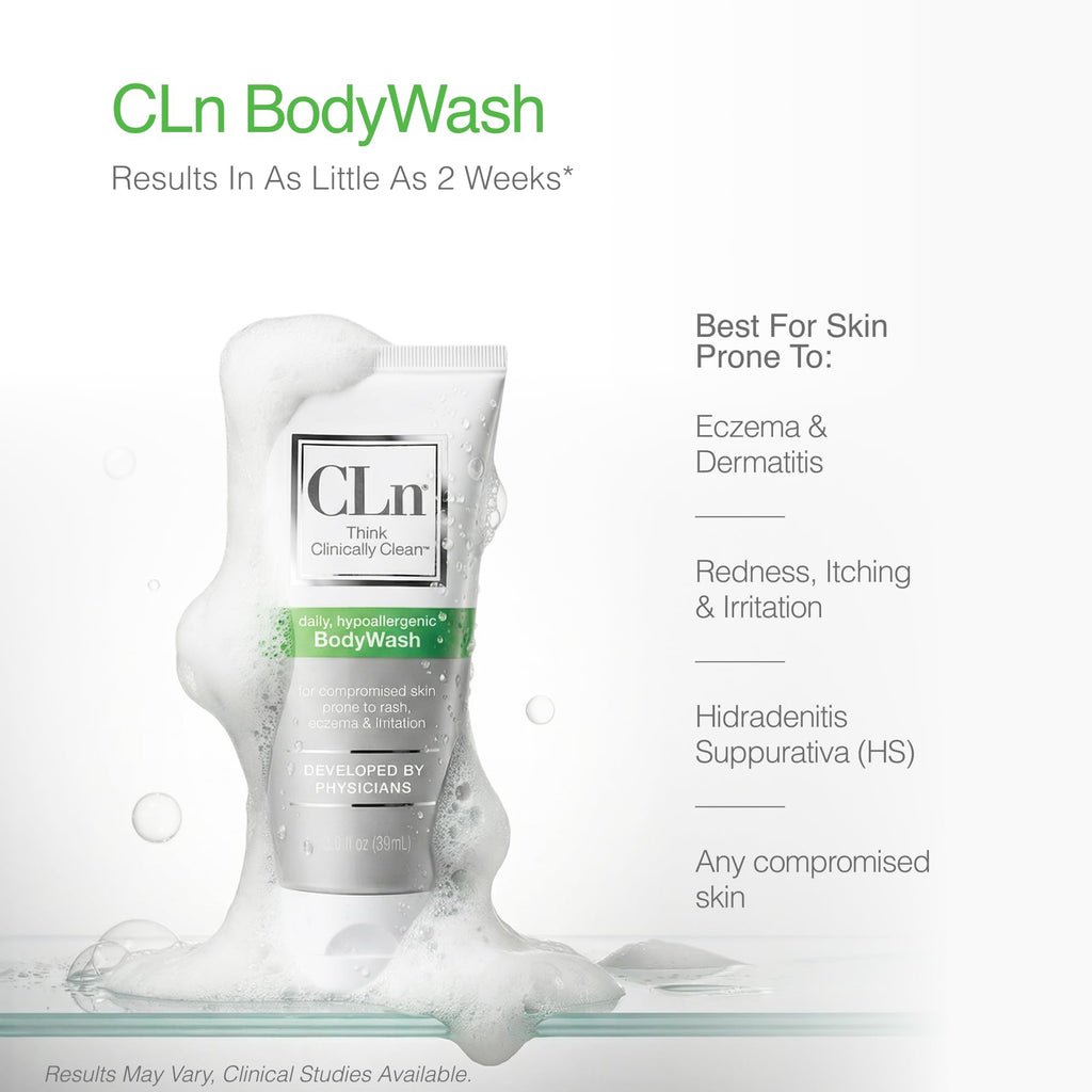 CLn® BodyWash – Non-Drying Body Wash Preserved with Sodium Hypochlorite, For Compromised Skin Prone to Eczema, Dermatitis, Rash & Hidradenitis Suppurativa, Fragrance-Free & Paraben-Free, 3 fl oz