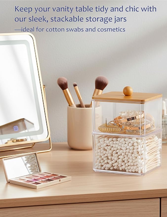VIPTUVI Cotton Swab Holder with Bamboo Lid, Double Layer Stackable Apothecary Jar for Bathroom Vanity, Cotton Ball Container & Floss Pick Organizer, Dispenser for Hair Tie & Cotton Rounds.