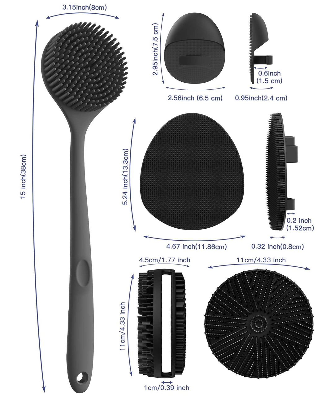 Manmihealth Silicone Back Scrubber Bath Brush Set Thick Bristles Black