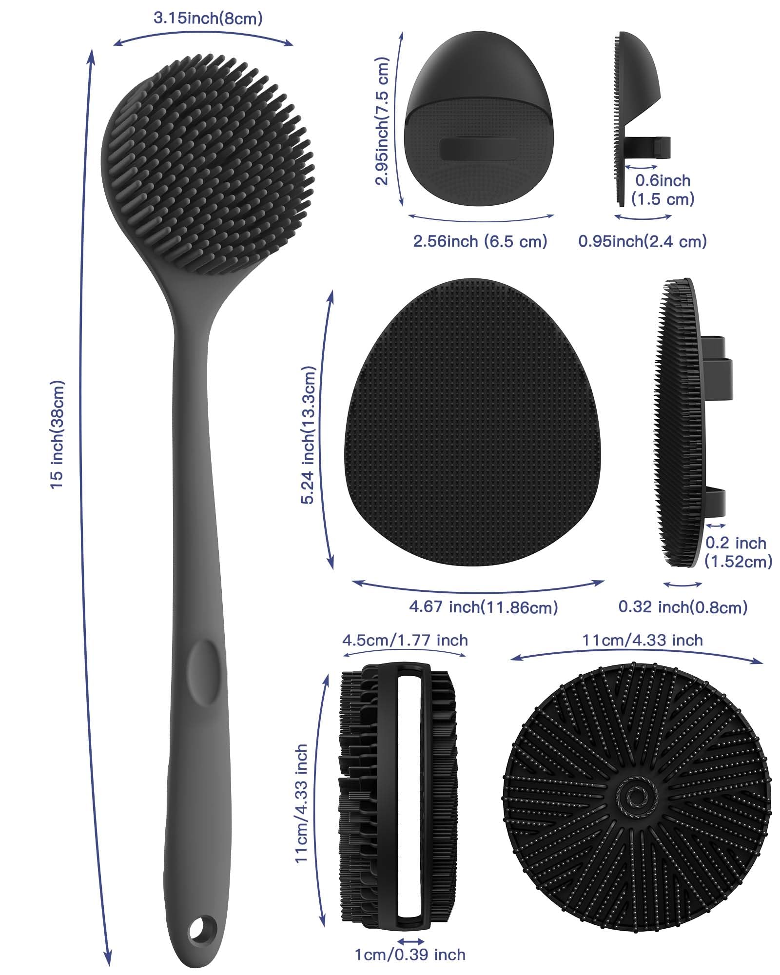 Manmihealth Silicone Back Scrubber Bath Brush Set Thick Bristles Black