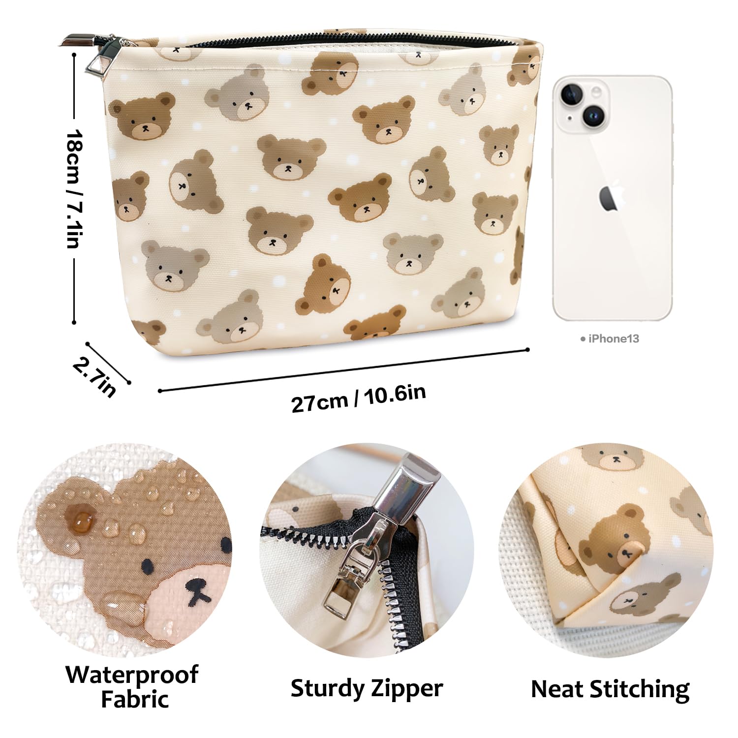 STARDW Cute Makeup Bag Aesthetic Cosmetic Bags for Women Girls, Travel Toiletry Bag Large Capacity Zipper Makeup Pouch, Purse Organizer Pouches,Canvas Lining (Baby Bear)
