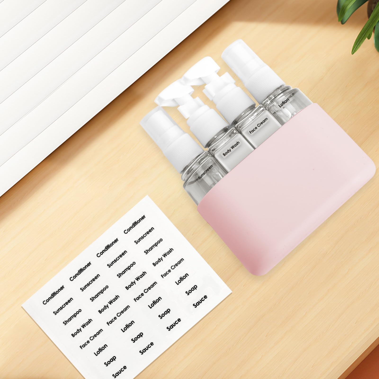 Skycase Travel Bottles - Leak Proof Refillable Tsa Approved Travel Size Toiletries, 4 in 1 Liquid Bottles Containers with Labels and Funnel Airplane Accessories Kits for Lotion Liquid (Pink)