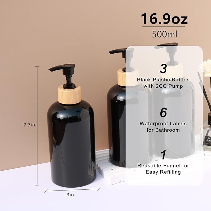 Shampoo and Conditioner Dispenser, Refillable Plastic Shampoo Pump Bottles with Waterproof Labels, Empty Body Wash Dispenser Set for Bathroom, Shower Soap Bottles (Black, Set of 3, 16.9oz)