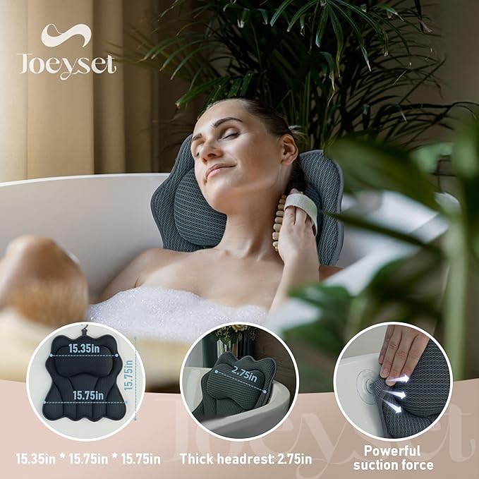 Joeyset Bath Pillows for Tub – Luxury Bath Pillow & Bathtub Pillow with 6 Strong Suction Cups, Soft Cushion for Head and Neck Support, Relaxing Bath Accessories for Women (Gray)