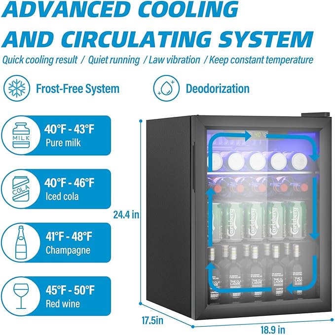 Erivess 2.6 Cubic Feet Mini Fridge,95 Can Freestanding Beverage Refrigerator with Glass Front Door for Soda, Beer Under Counter Small Refrigerator with Adjustable Shelves and Digital Display(Black)