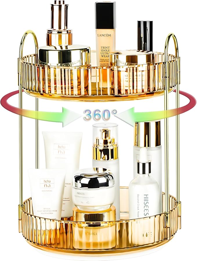 Niluks 360 Rotating Makeup Organizer - Large Capacity Spinning Perfume & Cosmetic Skincare Holder for Vanity & Countertop (Vibrant Orange, 2 Tier)