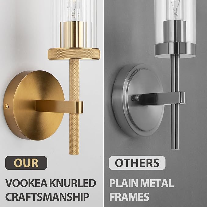 15" Knurled Gold Hardwired Wall Sconces Set of 2, Bathroom Vanity Light Fixtures with Vertical Striped Glass Tube, Modern Lamp Lighting for Bedroom, Living Room, Hallway, Staircase, Mirror, Kitchen