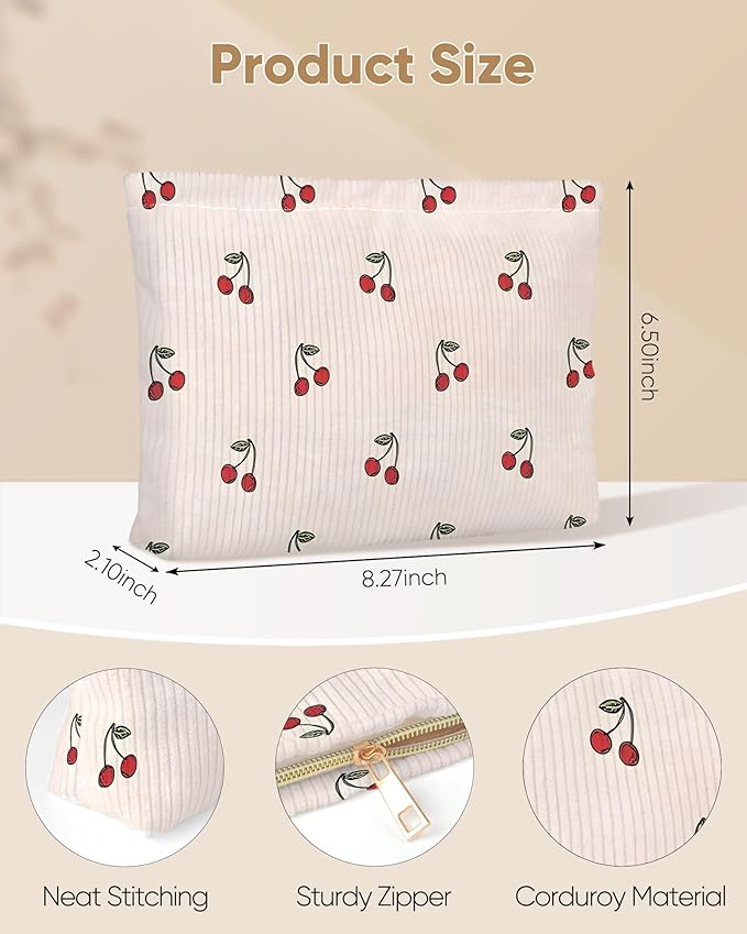 Ksriylm Cute Red Cherry Makeup Pouch for Women Small Make Up Beige Cherries Pattern Bag for Purse Zipper Initial Makeup Cosmetic Bags Pouches for Purse Aesthetic Travel Toiletry Bags