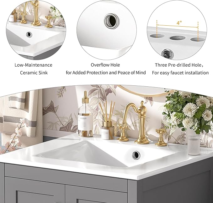 Bellemave 24" Bathroom Vanity with Sink Combo Set, Solid Wood Frame Bathroom Storage Cabinet with a Drawer, 2 Soft Closing Cabinet Doors with Organizer, Grey