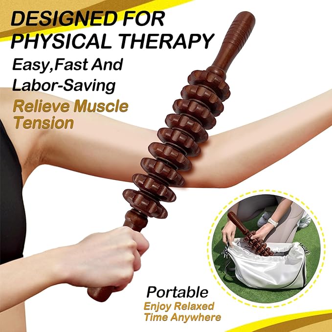 Deston Manual Massager Wooden Handheld Roller Trigger Point Massage Stick for Fascia, Cellulite, Muscle & Abdomen, Body Therapy Massager, Muscle Belly Relief Tool, Coffee