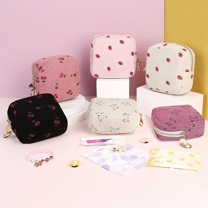 Cute Period Bag for Teen Girls, Corduroy Sanitary Napkin Storage Bag, Menstrual Pad Pouch Tampon Holder for Purse (Pink-Strawberry)
