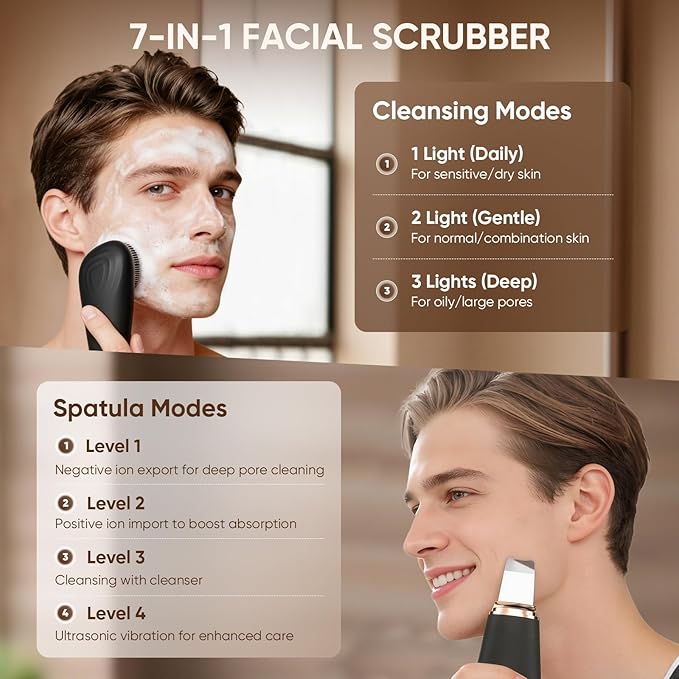 Stepcare Silicone Face Scrubber Blackhead Scraper Rechargeable 2-in-1 Facial Cleansing Brush & Skin Spatula Duo, IPX7 Waterproof Exfoliating Massager Deep Cleansing for Women and Men(Black)