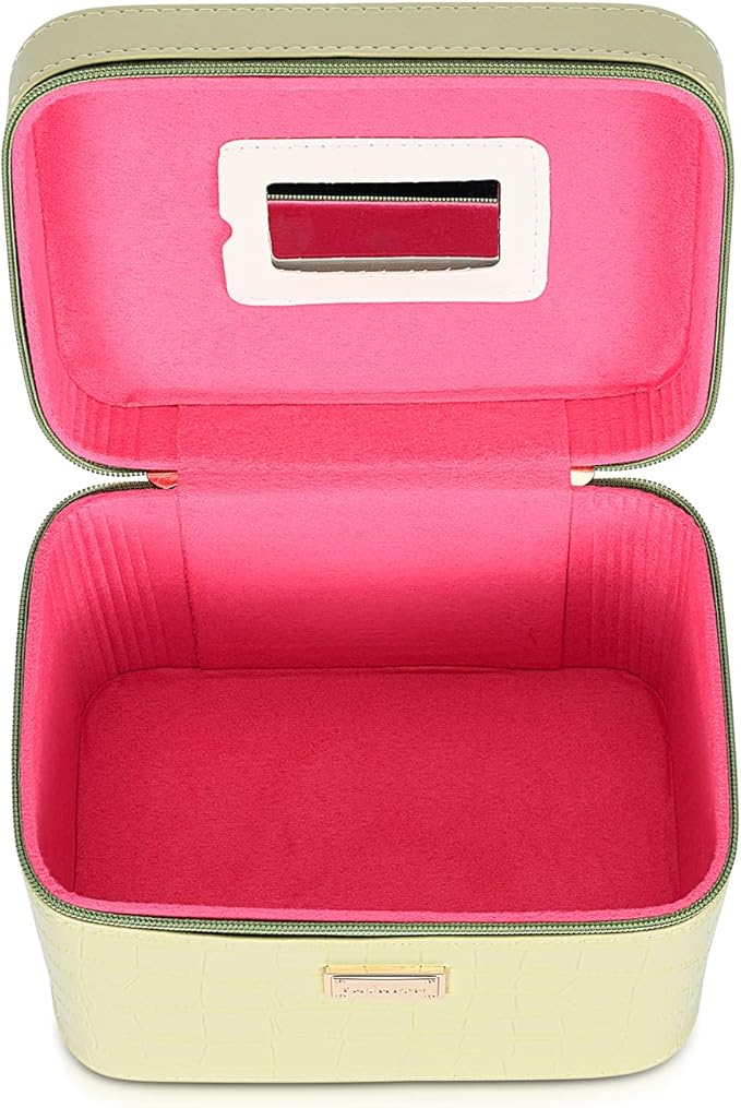 Sluxa Fashion makeup box, Portable leather hard cosmetic case with mirror, Professional train case make up box for women adults. (Green)