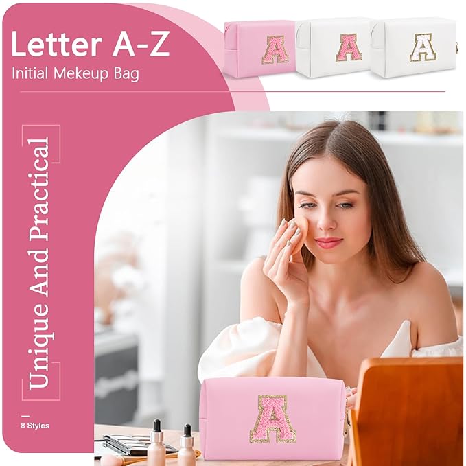 Personalized Initial A-Z Preppy Patch Makeup Bag,Small PU Leather Chenille Letter Cosmetic Bag with Zipper for Teen Girls,Pink Cute Travel Toiletry Bag,Birthday Monogrammed Gift for Daughter,Letter A