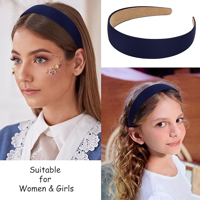 Wecoe Hairband, 10 Pack Satin Headbands 1.3 Inch Wide, Dark Navy Blue, for Women and Girls, Non Slip Fashion Hair Bands, DIY Holiday Hair Accessories